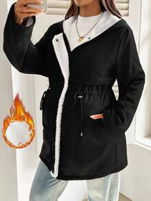 SHEIN 孕妇休闲抽绳腰带连帽夹克，带保暖衬里，秋冬 - 黑色 - 查看 5