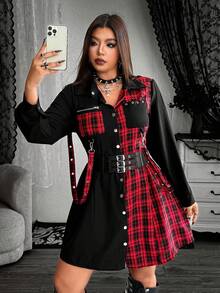 Whyspr Váy sơ mi phong cách Punk cỡ lớn dành cho nữ, họa tiết kẻ caro đỏ đen tương phản, thắt eo, tay dài, dáng ngắn - Nhiều màu - Xem 8
