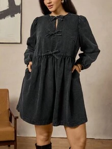 Zelara Vestido casual de talla grande para mujer con bolsillo, mangas de linterna y decoración de lazo en unicolor - Negro - Ver 3