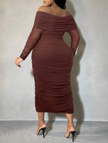 SHEIN SXY 秋季大码女式棕色露肩荷叶边网眼紧身连衣裙 - 棕色 - 查看 2