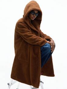 GENKIRA Áo khoác dài cổ điển thanh lịch có mũ trùm đầu bằng lông giả màu nâu thu/đông - màu nâu - Xem 6