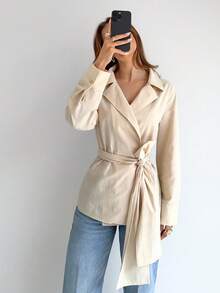 Siren Gaze Áo sơ mi nữ thắt eo bằng vải cotton, Bộ sưu tập mùa thu mới - Màu be - Xem 5
