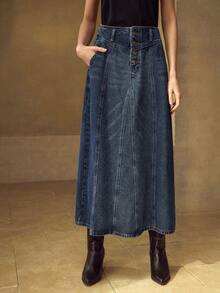 MOTF PREMIUM 秋冬款纽扣斜口袋牛仔裙 - 藍色 - 查看 4