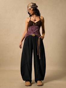 Easelle 女式休闲时尚街头时尚简约纯色松紧腰毛边香蕉裤 - 黑色 - 查看 10