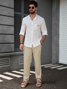 Manfinity Homme Pantalon décontracté à poche nouée de couleur unie pour hommes, polyvalent pour le port quotidien. Pantalon de jogging crème pour hommes, pour l'automne - Kaki - Voir 4