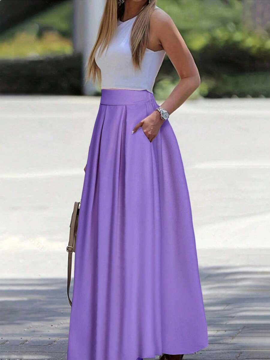 SHEIN LUNE A-Line Solid Color High Waist Slant Pocket Lavender Skirt - Purple - View 1