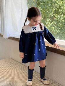SHEIN Infant/Baby Girl Vintage Elegant Bow Decor Long Sleeve Puff Sleeve Dress Baby Girl Navy Dress Fall Winter - Royal Blue - View 7