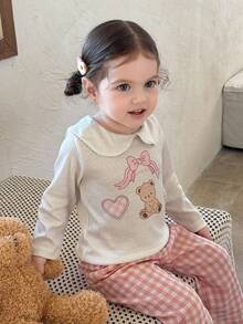 SHEIN Baby Mädchen Säugling Kleinkind Neugeborene 0-3 Jahre süßer Bär & Schleife Muster Langarm-Top + orange karierte weite Hose 2-teiliges Outfit Set, Herbst