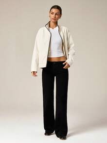 Hanevo Women's Elegant Leather Patchwork Double-Zipper Long Sleeve Jacket - Black and White - View 6