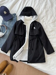 SHEIN Áo khoác parka thêu có mũ trùm đầu cho bé gái tuổi teen, có lớp lót giữ nhiệt, áo khoác mùa thu/đông cho bé gái, áo khoác có mũ trùm đầu màu đen cho bé gái, áo khoác lót lông cừu màu đen cho bé gái, áo khoác có mũ trùm đầu cho bé gái, áo khoác lông cừu thời trang có khóa kéo cho bé gái, áo khoác lông cừu cho bé gái, áo khoác Sherpa cho bé gái màu đen - màu đen - Xem 5