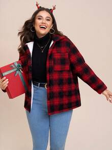 SHEIN LUNE 秋冬大码女式绗缝纽扣红格子棉服外套 - 彩色 - 查看 7