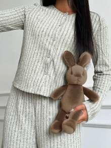 SHEIN 3 件套青少年女孩休闲日常搭配吊带背心、长袖开衫和松紧腰直筒裤针织套装，杏色 - 杏色 - 查看 4