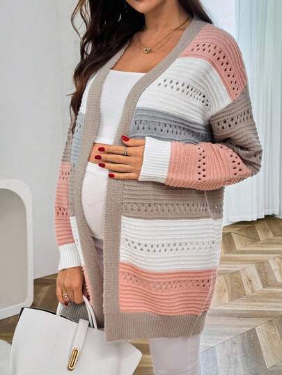 SHEIN Maternity Striped Contrast Color Loose Mesh Casual Cardigan