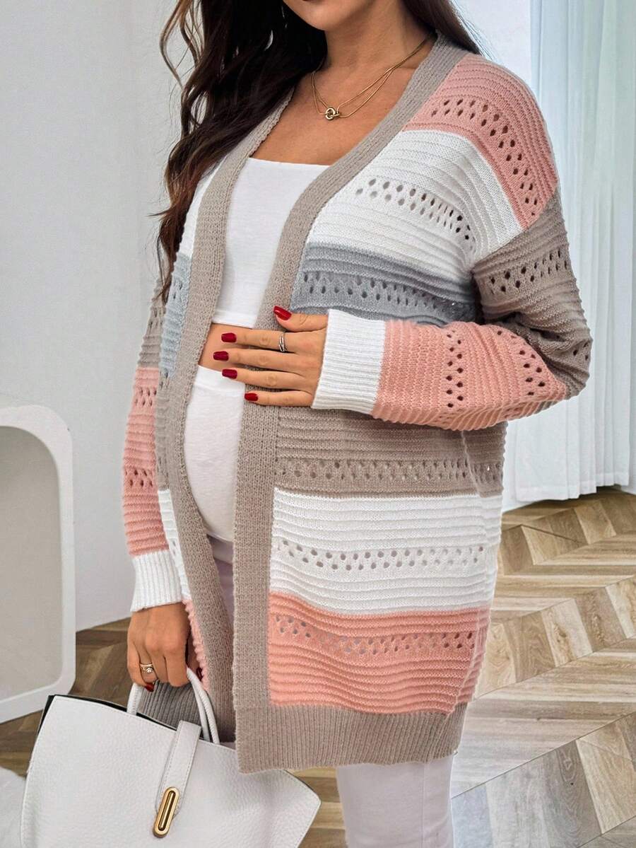 SHEIN Maternity Striped Contrast Color Loose Mesh Casual Cardigan - Multicolor - View 1