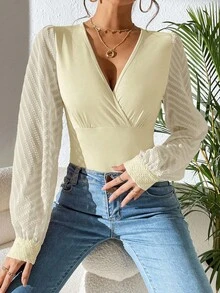 EMERY ROSE Women's Overlap V-Neck Long Sleeve Fitted Fashionable Blouse - Light Yellow - View 3