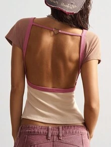 Bohemela 女式休闲针织拼色露背短袖T恤 - 杏色 - 查看 4