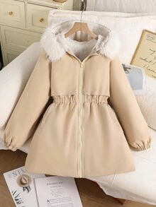 Teen GirlCasual Loose Fit Thickened Faux Fur Collar Waist Cinched Mid-Length Jacket, Autumn/Winter, Korean Style - Apricot - View 6