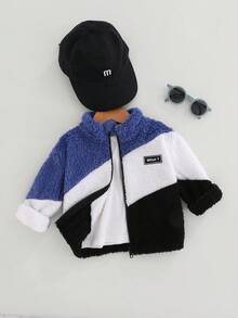 SHEIN 1件男婴日常运动休闲白蓝黑撞色长袖毛绒外套，展现活力个性，适合上学季和休闲外出穿着。男婴冬季外套、男婴抓绒外套、男婴拉链外套、男婴撞色外套、男婴秋季抓绒拉链外套。 - 藍白色 - 查看 2