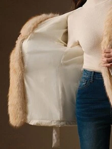 Anewsta 女式纯色仿毛领长袖夹棉大衣 - 米色 - 查看 12
