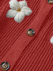 SHEIN LUNE Christmas Plus Size Women Solid Color Knitted V-Neck Daisy Embroidered Single-Breasted Lantern Sleeve Casual Cardigan Sweater, Autumn/Winter - Red - View 3