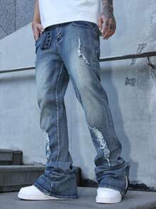 Manfinity Roughcore Quần Jeans Nam Ống Thẳng Rách Thời Trang Đường Phố Thường Ngày Quần Jeans Nam Xếp Chồng - Rửa trung bình - Xem 4