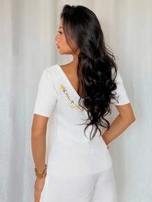 DAZY Women's Embroidered Fitted Breathable Backless Short Sleeve Knit Top - White - View 4
