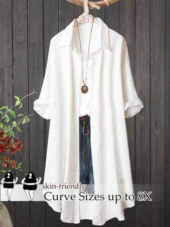 SHEIN CURVE+ 大码休闲纯色长衬衫