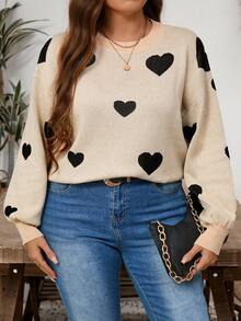 Modelyn Suéter holgado de manga larga con estampado de corazón para mujer de talla grande, uso casual de todos los días