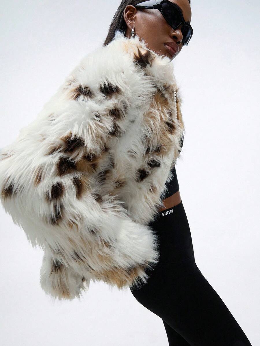 GENKIRA 别致仿皮草豹纹厚夹克，高品质女士秋冬外套 - 彩色 - 查看 1