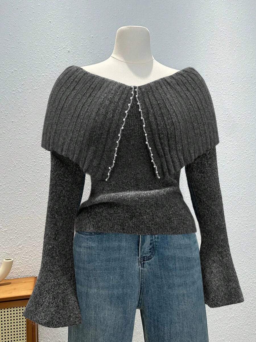 Sweetra 女士优雅时尚圣诞单肩新年翻领喇叭长袖镶钻针织套头衫加大码毛衣，露肩上衣，Y2K风格外出毛衣，春秋冬季 - 深灰色 - 查看 1