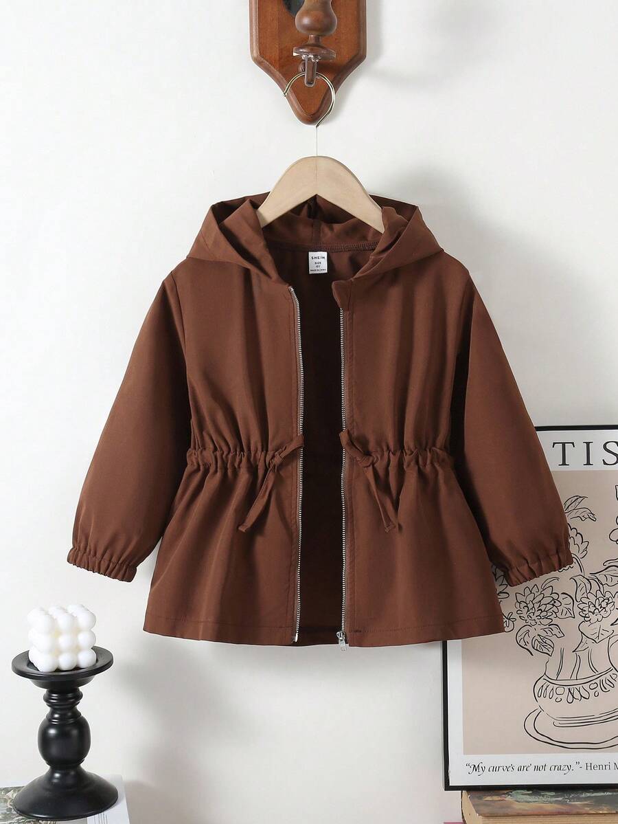 SHEIN Elladie kids 1件女童純色休閒連帽外套,腰部設計,適合秋冬穿著,適用於學校、戶外活動、家庭聚會,保暖舒適,棕色連帽夾棉外套,女童秋冬外套衣 - 棕色 - 查看 1