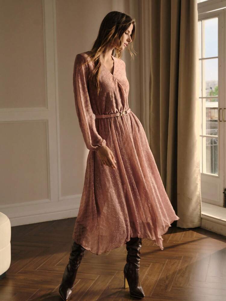 ASYMMETRICAL HEM FLOWY DRESS WITH BELT, FALL WINTER