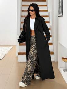 Solflare Plus Size Women's Solid Color Lapel Collar Long Sleeve Double-Breasted Long Windbreaker Jacket, Spring/Autumn - Black - View 3