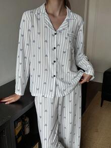 SHEIN 女士休闲纹理面料爱心印花纽扣长袖上衣和裤子睡衣套装，舒适优雅细节，秋冬服装 - 藍色 - 查看 6