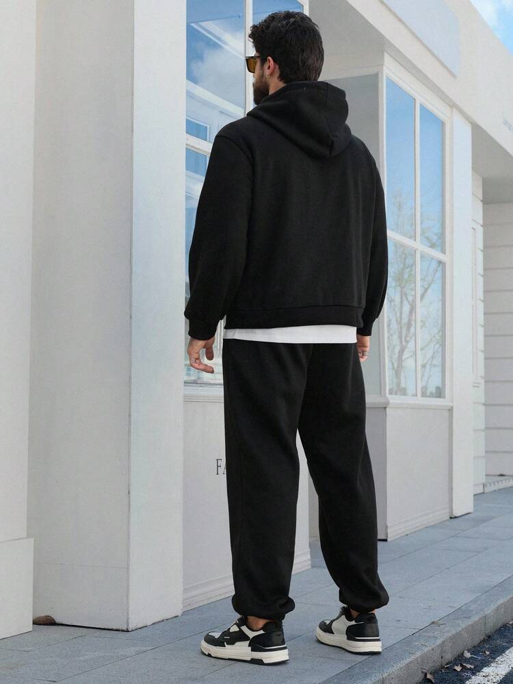 Men's Letter Embroidered Fleece Hoodie And Drawstring Waist Pants Set, Autumn/Winter