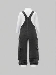 SHEIN Young Girl' Personalized Versatile Washed Soft Casual Fashion Street Non-Stretch Denim Bib Pants, Lightweight For Spring & Autumn Fall Winter - Black - View 2