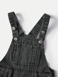SHEIN Young Girl' Personalized Versatile Washed Soft Casual Fashion Street Non-Stretch Denim Bib Pants, Lightweight For Spring & Autumn Fall Winter - Black - View 3