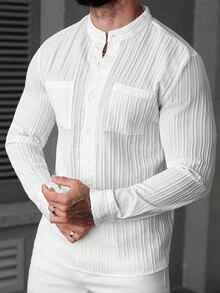 Manfinity CasualCool Áo sơ mi nam tay dài màu trơn, túi đơn hàng ngày, áo sơ mi trắng họa tiết thời trang, lễ hội âm nhạc ngoài trời, quà tặng bạn trai/chồng, quà kỷ niệm, mùa thu - trắng - Xem 3