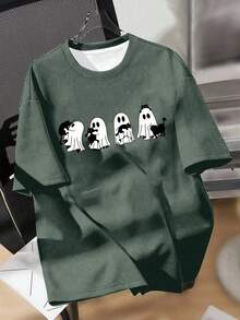 SHEIN CURVE+ T-shirt à manches courtes col rond avec imprimé fantôme et chat noir, grande taille. Design minimaliste casual, convient pour l'été, Halloween, automne et hiver