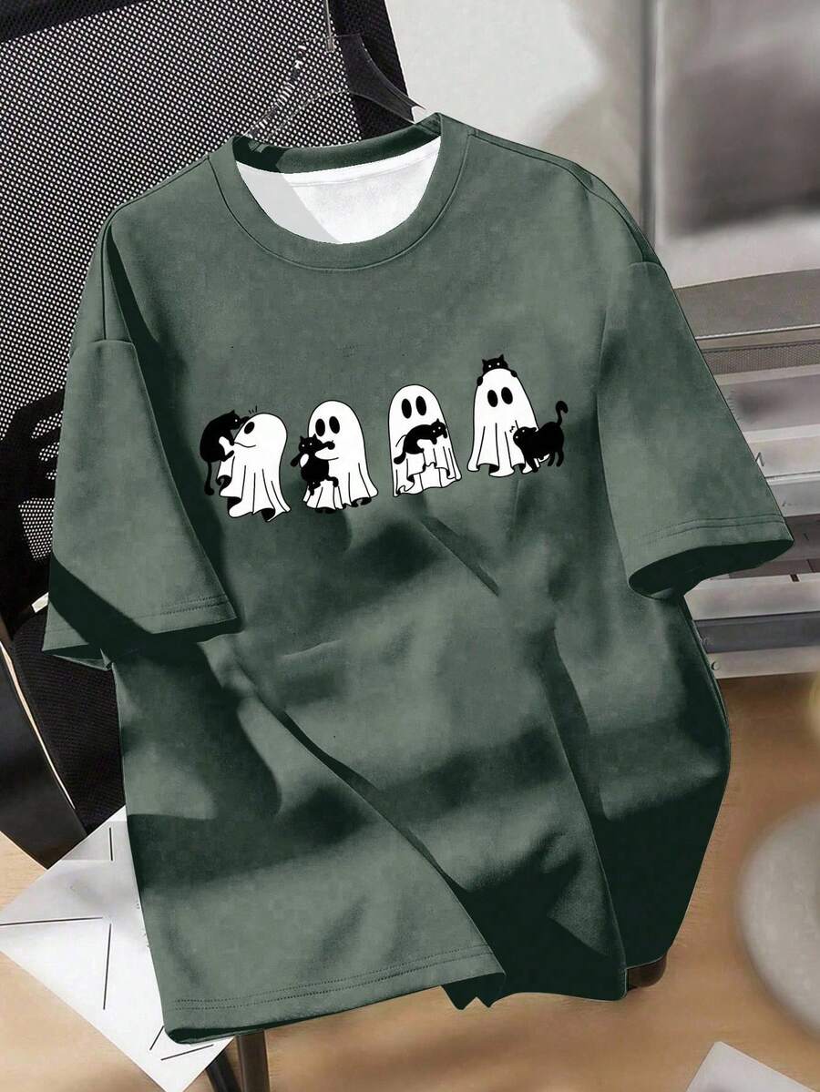 SHEIN CURVE+ T-shirt à manches courtes col rond avec imprimé fantôme et chat noir, grande taille. Design minimaliste casual, convient pour l'été, Halloween, automne et hiver