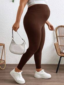Plussiva 纯色可调节腰围孕妇紧身裤 - 棕色 - 查看 6