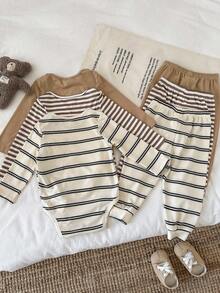 LMoss Kids 2件套男婴针织纯色条纹圆领连体衣和裤子套装 - 彩色 - 查看 2