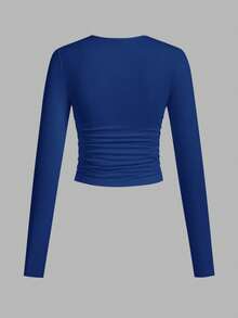 SHEIN EZwear Bộ 3 áo thun nữ tay dài cổ tròn màu trơn đơn giản, họa tiết nhún bèo, thời trang thu đông - Nhiều màu - Xem 9