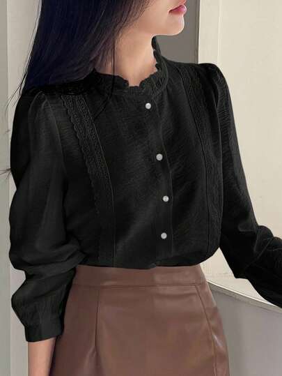 DAZY Elegant Stand Collar Puff Sleeve Women Blouse Long Sleeve Top