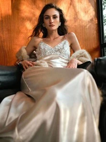 MOTF PREMIUM CONTRAST SEQUIN SLIM FIT CAMI DRESS FOR PARTY - Champagne - View 8