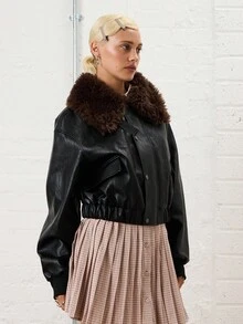 COUREZ Faux Leather PU Oversized Bomber Jacket Coat With Faux Fur Collar /Y2K Going Out Outfits Fall Women Clothes Winter Clothes For Women Gothic  Club Outfits Outerwear AW Women Sexy