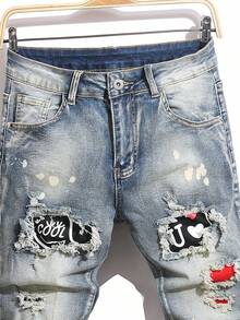 Manfinity Roughcore Men's Letter Print Pocket Distressed Casual Jeans Graphic Jeans Men Men Patched Jeans Men Distressed Jeans Drip Jeans