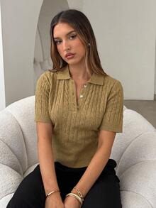 Aloruh 女式学院风马球领扭纹针织短袖毛衣，秋冬 - 芥末黃 - 查看 4