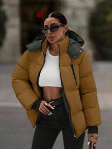 EURMUSE Hooded Zipper Detailed Contrast Rib Cuff Quilted Women's Casual Puffer Down Jacket - Brown - View 4