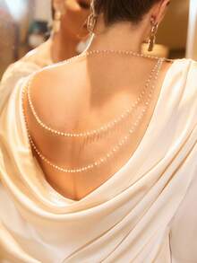 Poéselle Women's Elegant Cream White Satin Blouse,Summer Party Top With Pearl Chain,Draped Cowl Open-Back Silk Look,Backless Loose Versatile Evening Blouse - Apricot - View 2